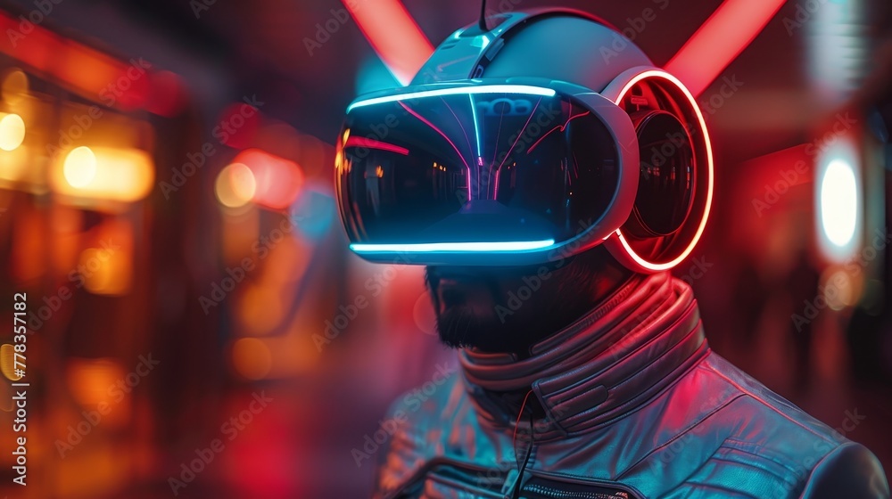 Poster an individual wearing a vr ar headset in virtual reality simulation in metaverse in a cyberpunk styl