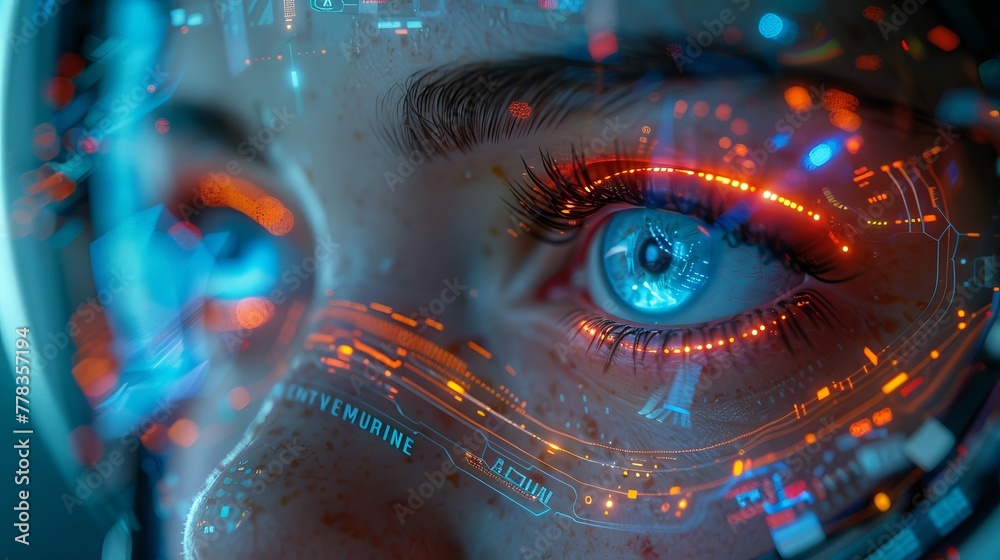 Leinwandbilder A robot or cyborg viewing a virtual HUD interface. A machine learning concept. A modern tech frame for text, picture in computer electronic technology style. 3D rendering.