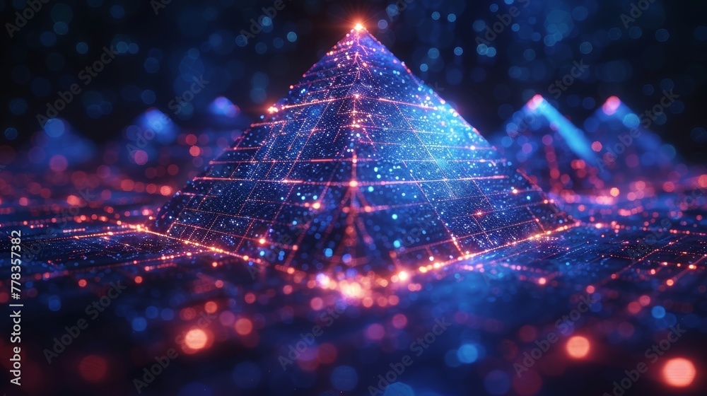 Poster The blockchain fintech concept of using isometric shape to mine cryptocurrencies. Blockchain Technology for Mining Cryptocurrency. Financial pyramids on the internet. Bitcoin exchange on the