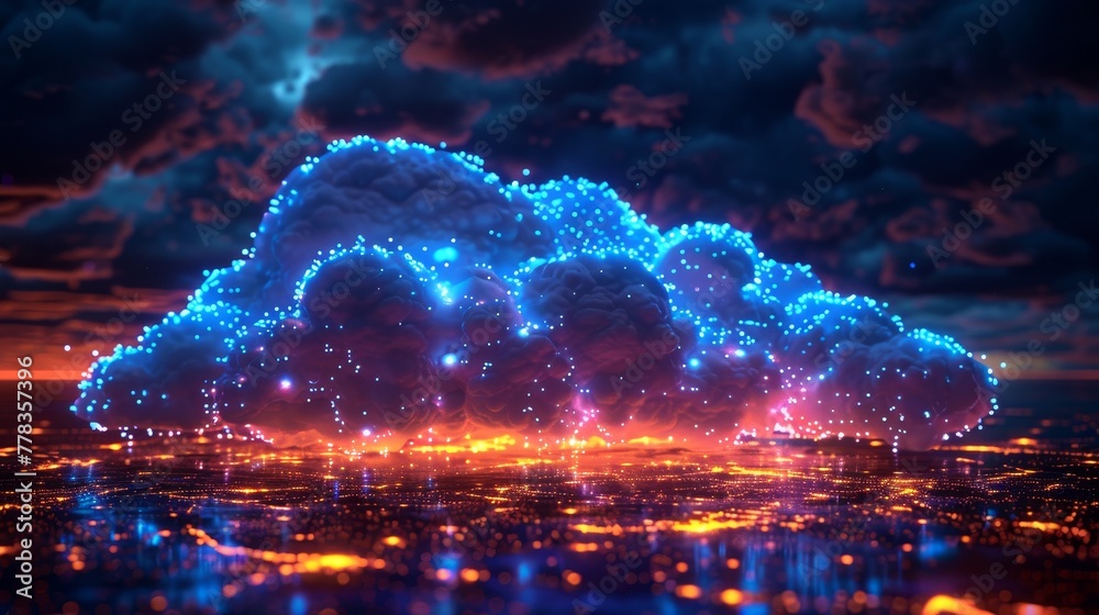 Poster An overview of cloud computing technology. Digital clouds hovering over a globe. Data centers employing big data servers. Internet storage services for big data files.