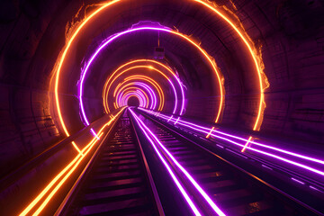 Spooky neon-lit train tunnel isolated on black background.