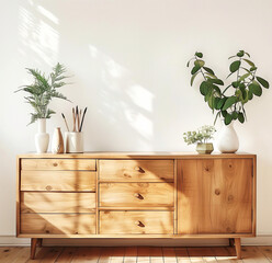 Template of wooden midcentury sideboard with plants closeup, white wall. Interior mockup with clean walls for pictures, posters, paintings, sculptures, and other wall art.
