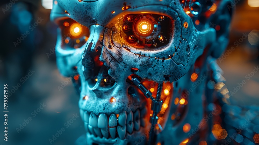 Aufkleber halloween ai with scary face. skull of robot with lighting eyes. cyborg eyes on cyborg head. tech ha