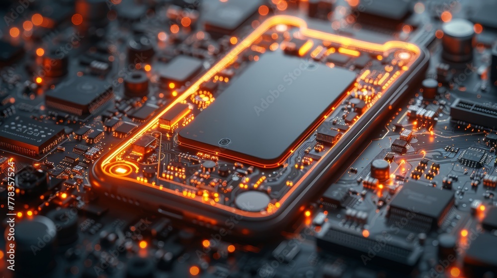 Fototapete the phone was disassembled to show its internal parts. electronic components were placed on an abstr