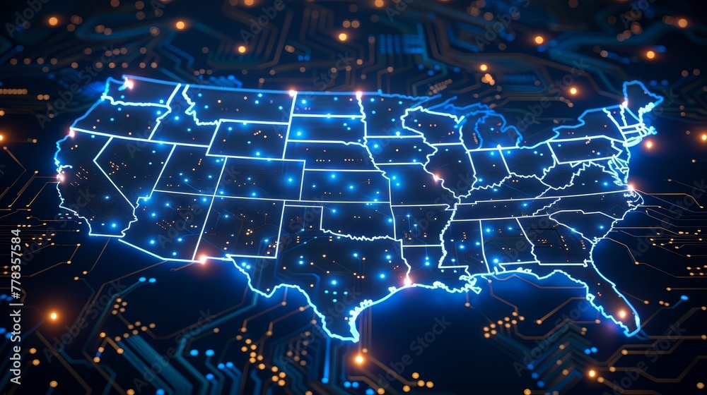 Poster The map of the United States of America with a chip or CPU processor on a circuit board. America tech background. Microelectronics industry. 3D rendering.