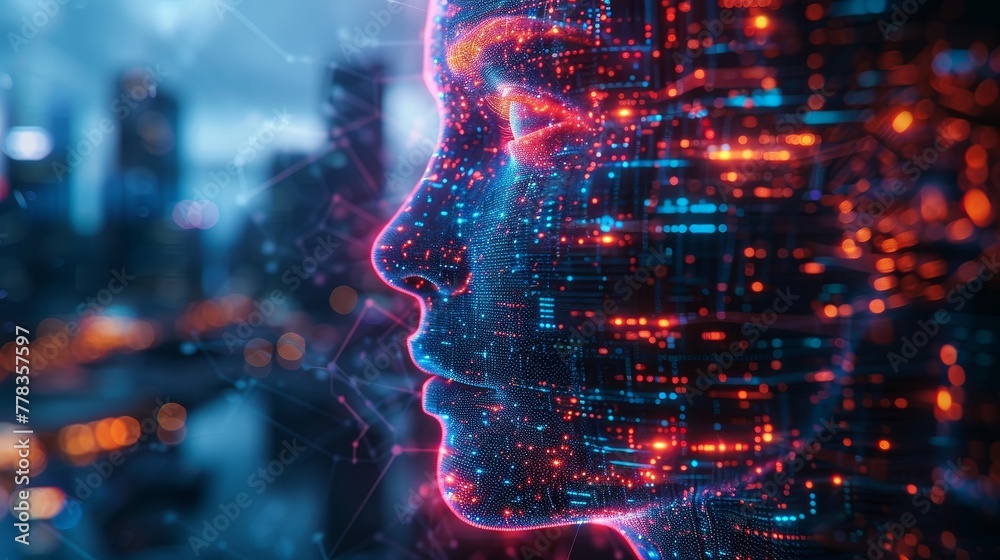 Poster A futuristic smart city on a woman's head equipped with AI, IOT, internet communications and skyscrapers in a 3d rendering with Artificial intelligence, IOT and internet communications.
