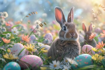 Fototapeta na wymiar Easter bunny in a meadow filled with flowers and pastelcolored eggs, dreamy illustration