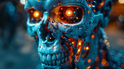 Halloween AI with scary face. Skull of robot with lighting eyes. Cyborg eyes on cyborg head. Tech halloween party banner. Evil computer. - obrazy, fototapety, plakaty