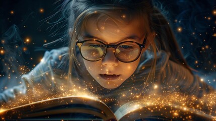 enchanted moment, young reader glasses, storybook magic dust, expression of wonder - obrazy, fototapety, plakaty