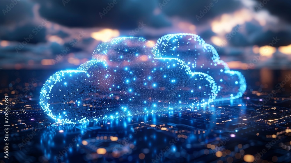 Leinwandbilder The concept of cloud computing. Wireless laptops, tablets, phones synchronizing data with the cloud. Online collaboration on the internet. Work from remote places with remote work technology.
