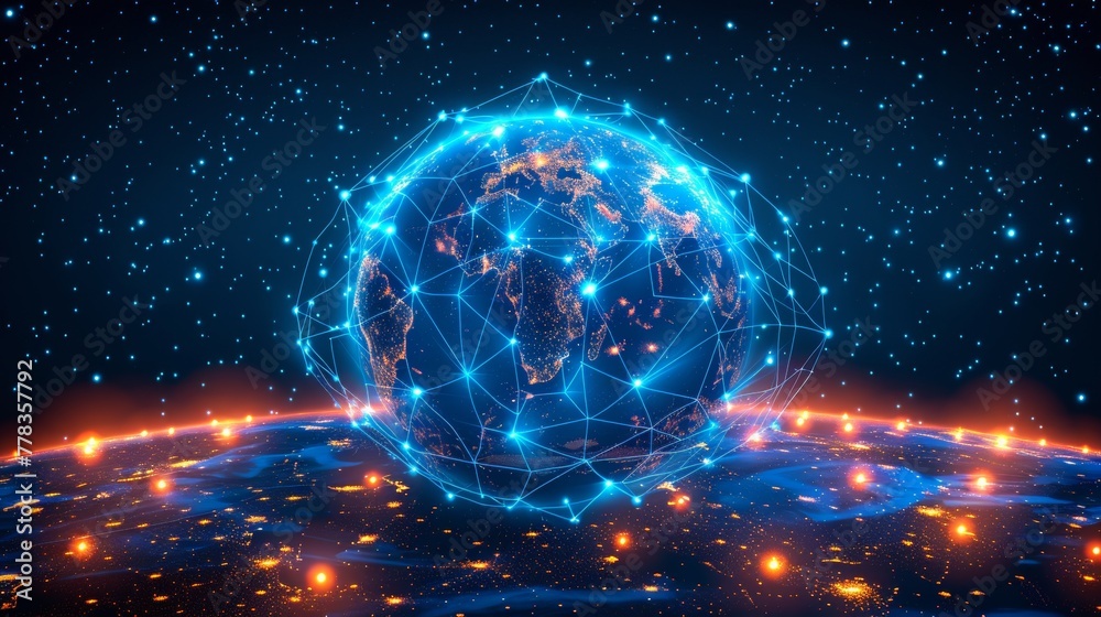 Poster The IoT in cities. The digital tech of the world globe wireless connection network. Connection to the internet from space on planet earth. Futuristic illustration of the web networking of the future.
