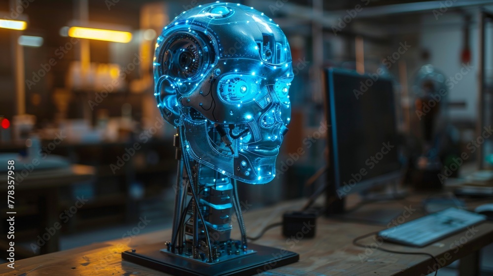 Aufkleber Future science laboratory, cyborg robot head attached to computer. Cybernetics mind, computer interface with touch screen.