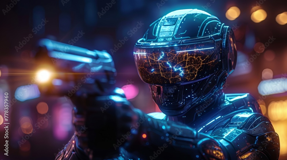 Poster The virtual reality interface of a VR game with a level map. A player gets ready to play in VR shooter. Virtual reality glasses and virtual armor on the computer screen.