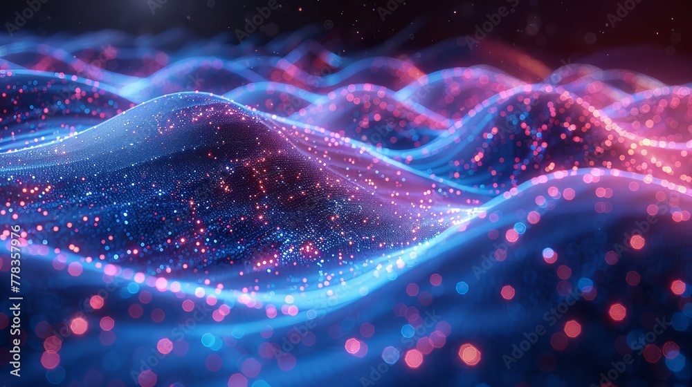 Poster A neon music tech background in a nightclub visualizes music waves in a technological cyber style. Light dots form circular surface images of splashy round sounds.