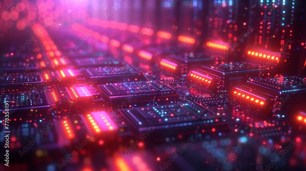 Poster Concept of blockchain technology as an isometric image. Mining cryptocurrencies, digital currencies is carried out in computer farms. Server racks in data centers process big data that consists of