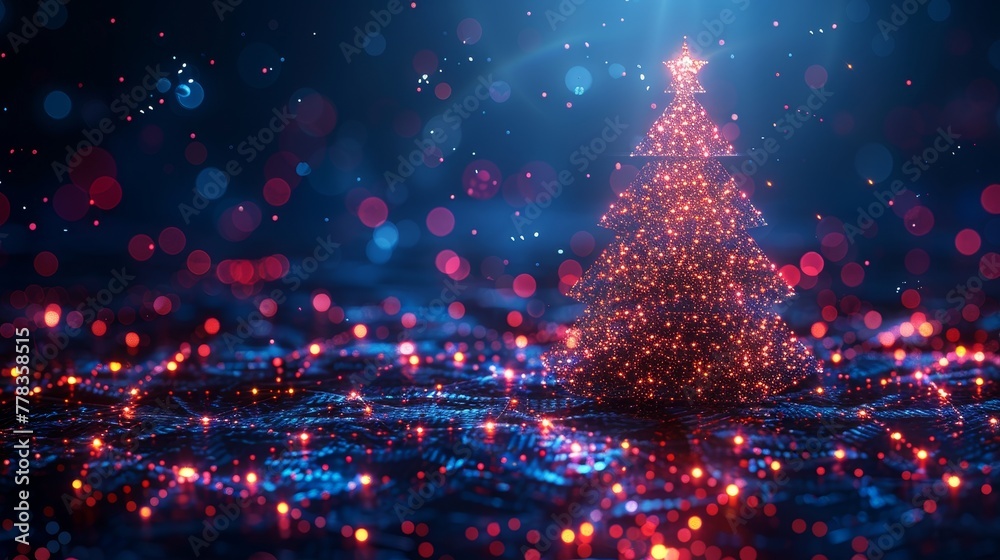 Poster Greetings card in the style of a computer network. Computerized Christmas tree with decorations. Isometric fintech technology charts hanging in cyberspace.