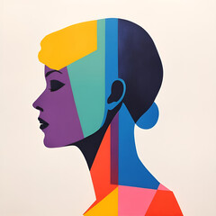 Close-up of a pure-colored schematic geometric unreal woman's profile silhouette