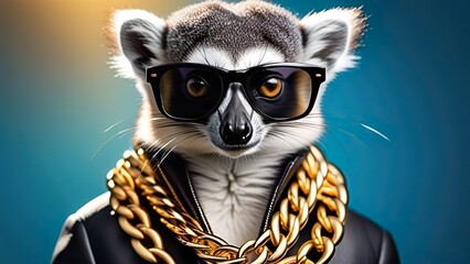 Cool anthropomorphic lemur character in sunglasses, wild animal portrait - obrazy, fototapety, plakaty