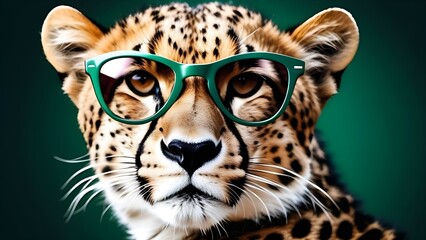 Cool feline, leopard character in eyeglasses, wild jungle animal portrait