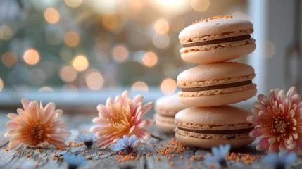 Zelfklevend Fotobehang Macarons on Decorated Table for HD Wallpaper with Cinematic Effect © Sthefany