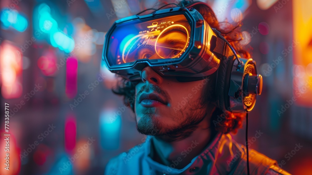 Aufkleber Virtual reality headset or VR glasses on man looking up from virtual simulation. Augmented reality or AR helmet. Digital computer entertainment technology. 3d rendering.