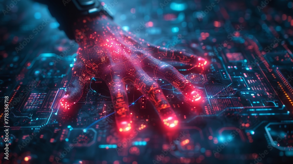 Leinwandbilder An abstract VR or AR interface in the hand of the user in a virtual reality simulation. A hand interacts with data infographics in augmented reality. Metaverse..