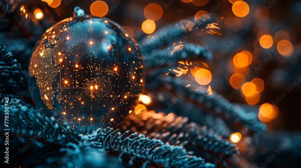 Poster New technology Digital internet communication congratulation card in the shape of a globe on a Christmas tree. Merry Christmas and Happy New Year card in the shape of a globe on a Christmas tree.