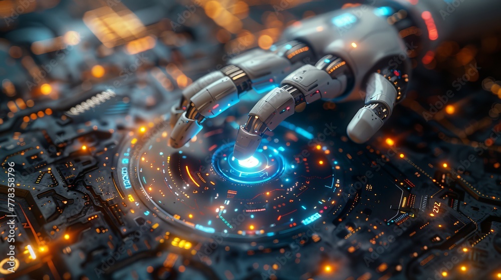 Poster In 3D, the robot depresses a button on a touch screen which displays a virtual holographic interface. Cognitive robotics futuristic design concept.