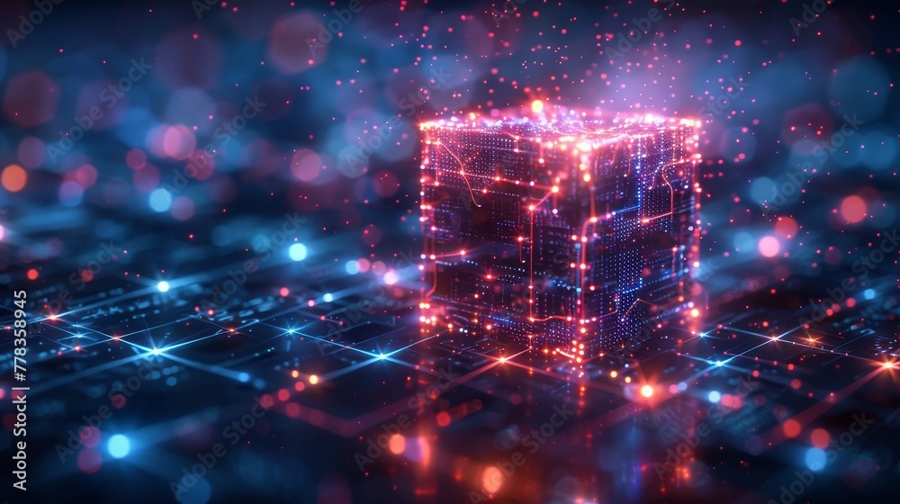 Poster A digital technology concept banner. Cube or block as matrix of digits. Block chain of abstract data communicating with the world via internet. Cloud computing, networking, shared access. 3D