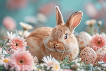 Fototapeta na wymiar Adorable Easter bunny with eggs and flowers in a copy. Generative Ai