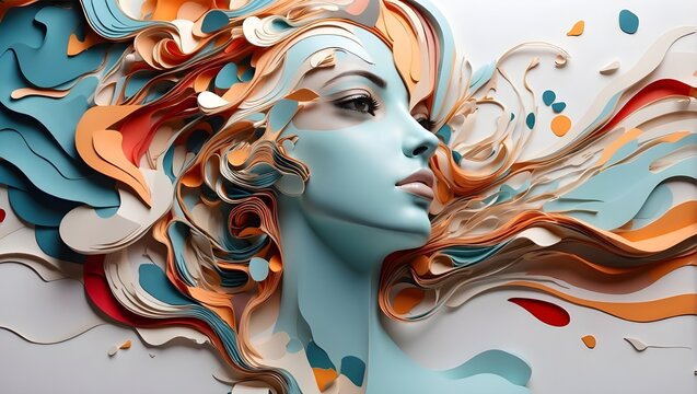 A paper art sculpture of a woman with flowing hair. The sculpture is in blue, orange, and red colors. The woman's face is a light blue color. Her eyes are a dark green color. Her lips are a dark red 