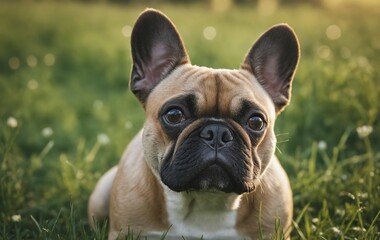 Fawn French Bulldog with whiskers and ears lying on grass, looking at camera
