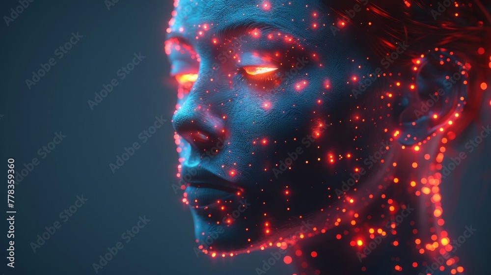 Leinwandbilder humanoid head with anthropomorphic face analyzing flow big data. a digital brain learns, processes, 