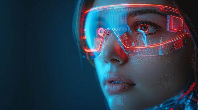 An image of a cyborg woman in cyberpunk style. A cyborg woman wearing a futuristic suit and with sci-fi tech punk hairstyle. A cyborg girl looking like a robot wearing electronic implants and 3D VR