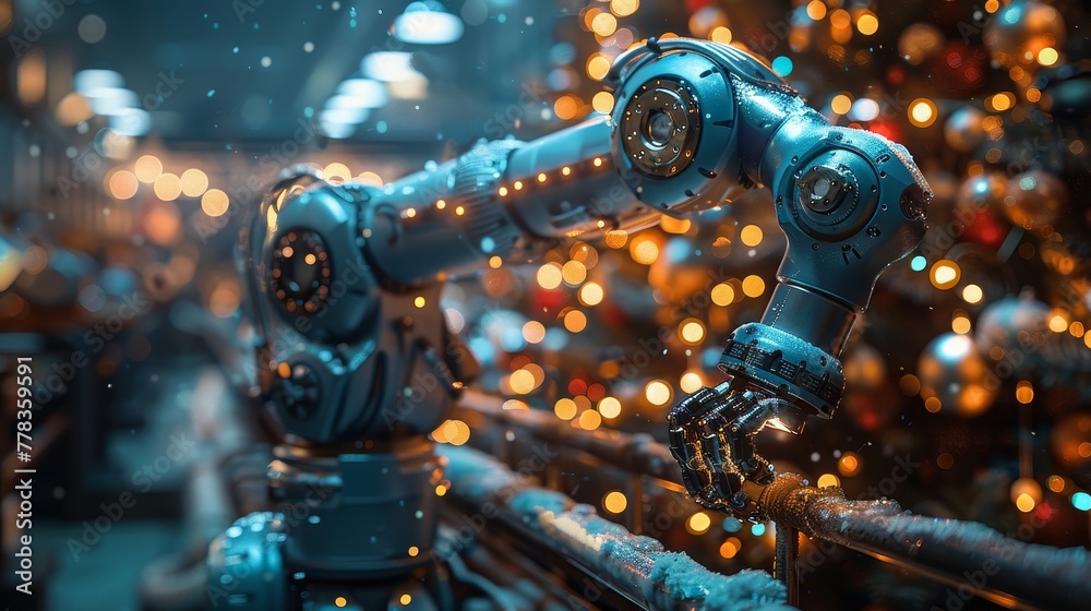 Aufkleber an industrial robot decorates a cyber virtual christmas tree in modern tech style. an industrial rob