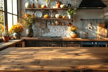 Autumn kitchen featuring a wooden table with a copy space. Generative Ai
