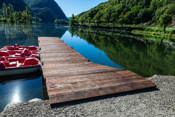 Pier and wooden walkway on a lake, Lleida, Catalonia, Spain