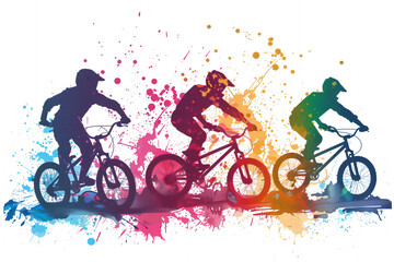 A diverse group of a male cyclists road racers, ebike riders and mountain bikers shown in a contemporary athletic abstract design, stock illustration image