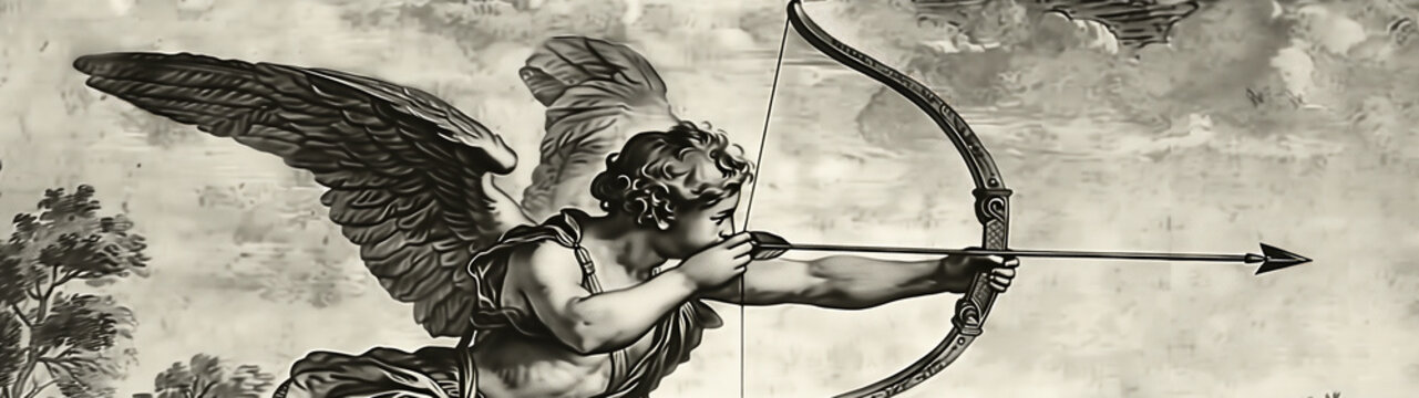 Engraving of Cupid the Roman god of love who's Greek equivalent is Eros, for use as a Valentine Day's engraved card or flyer, stock illustration image