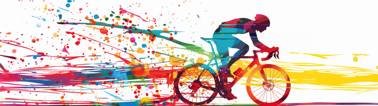 A male cyclists road racer, ebike rider or mountain biker shown in a colourful contemporary athletic abstract design for a poster or banner, stock illustration image