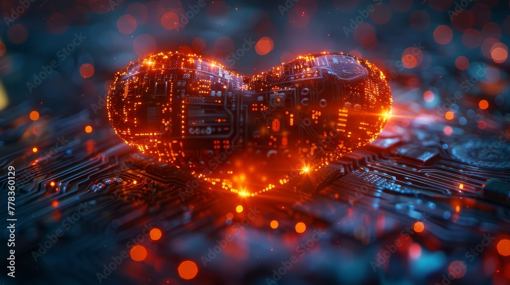 Aufkleber 3d rendering of a love heart in technology style. a tech computer mechanism in heart shapes over a p