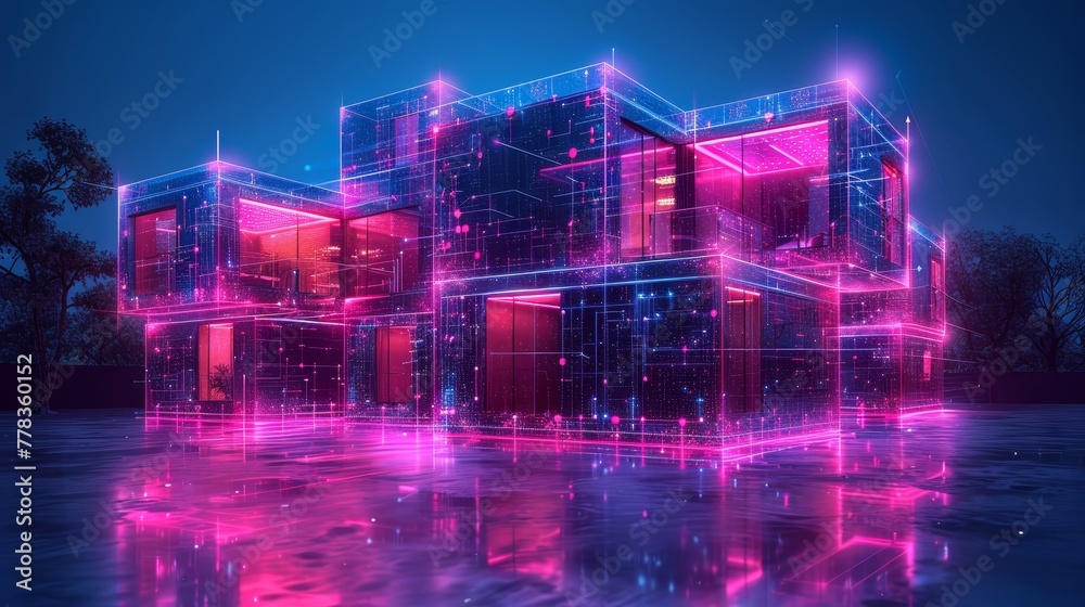 Fototapete IOT and AI technology for smart house construction. Designing modern building construction with AI controls.