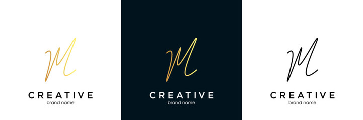 M handwritten logo with circle paint brush design vector.