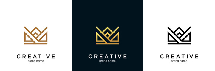 Premium style abstract gold crown logo symbol. Royal king icon. Modern luxury brand element sign. Vector illustration.