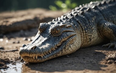 Fototapeta premium a close up of a crocodile laying on the ground with its mouth open