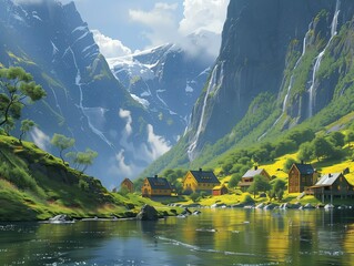 Scandinavian village by the fjord, nestled in nature's beauty. - obrazy, fototapety, plakaty