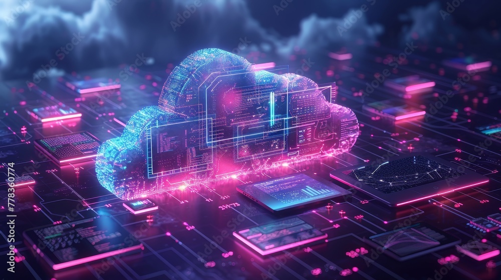 Poster Concept of cloud computing. Networking of laptops, tablets, phones. Online collaboration using the internet. Remote work technology in network communication. Synchronization of computer data.