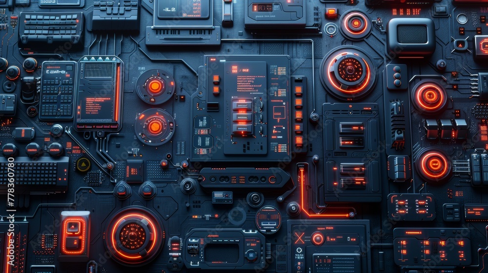 Poster The concept of software development technology. Programming, coding, and testing applications for mobile devices. A tabletop view of a laptop, phone, and tablet showing the various elements of the