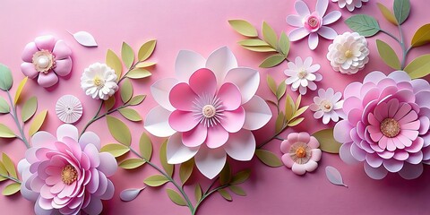 Fototapeta premium Paper flowers and leaves on pink background. AI generated