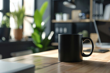 black ceramic mug on desk or table in office with window and natural light